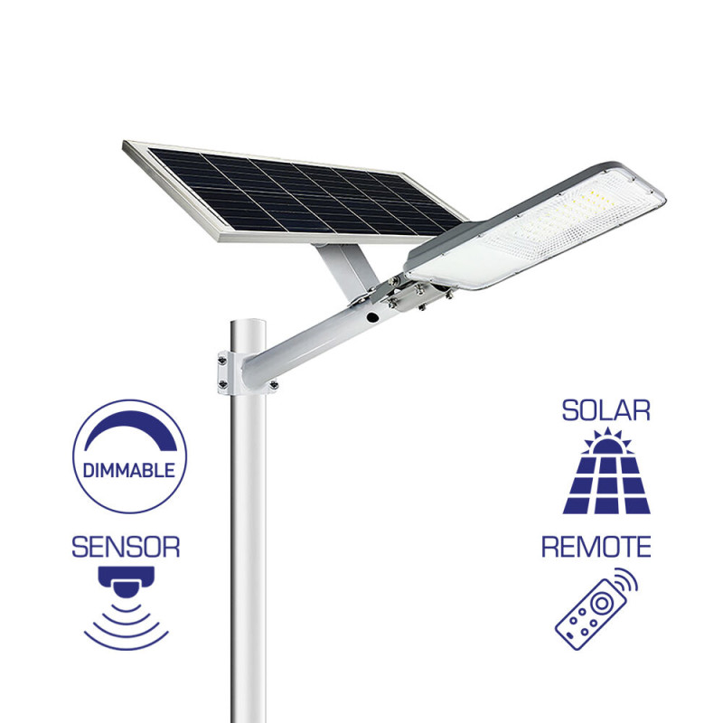 LAMPA STRADALA CU LED ST02, SOLAR+SENZOR+TELECOMND, DIM, P:100W, C:50W 6500K IP65